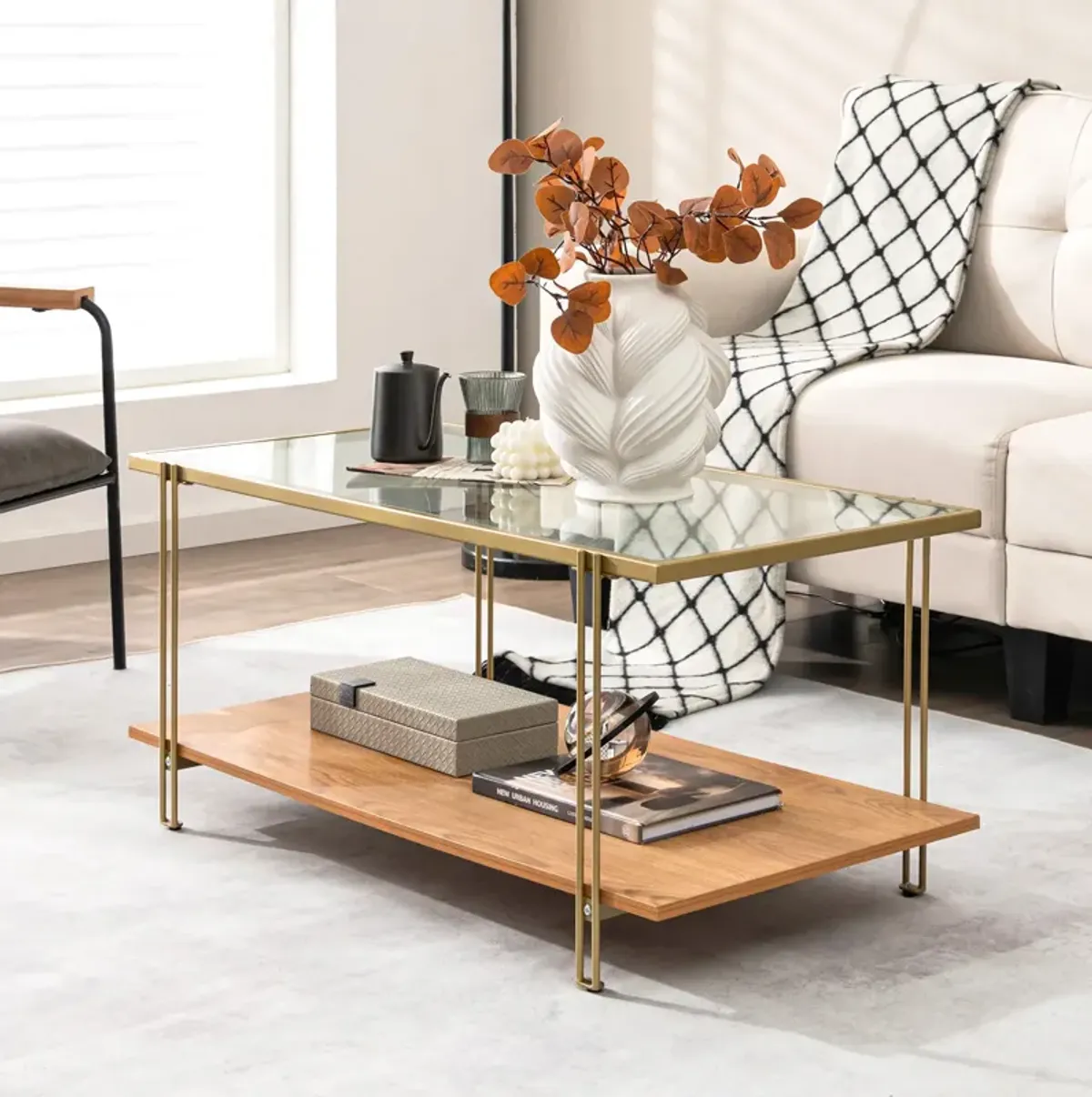 2 Tiers Rectangle Glass Coffee Table with White and Gold Steel Frame-Golden