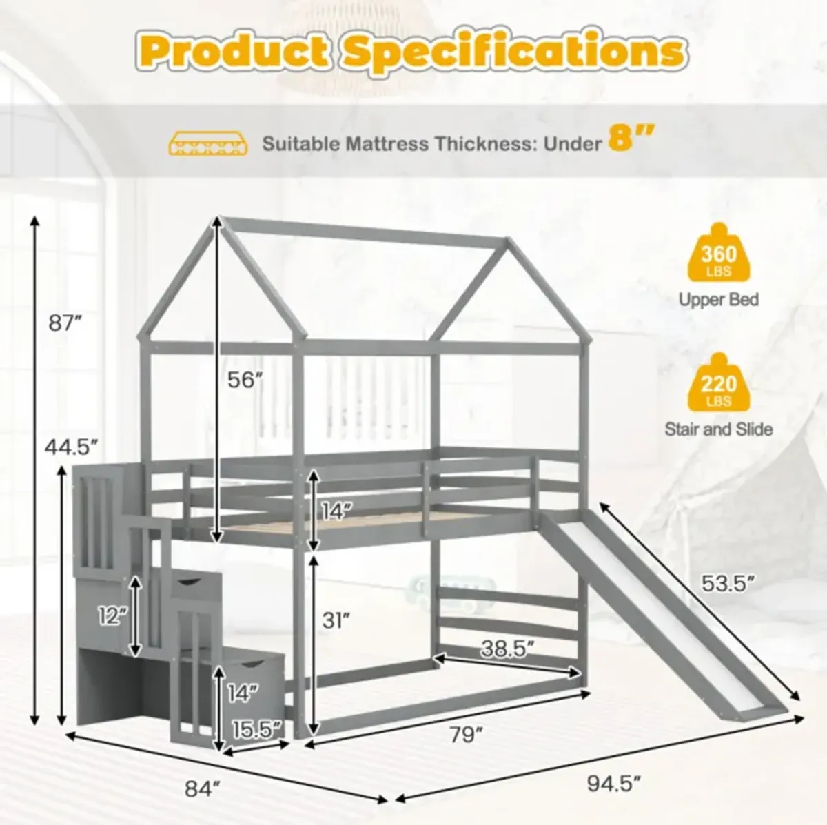 Hivvago Twin over Twin Bunk Bed with Slide and 2-Step Storage Staircase