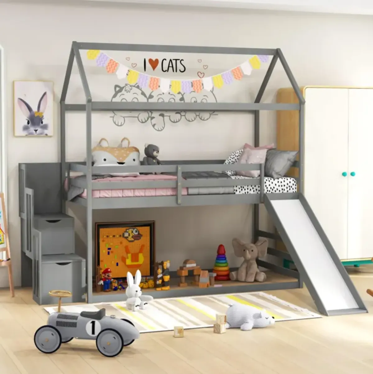 Hivvago Twin over Twin Bunk Bed with Slide and 2-Step Storage Staircase