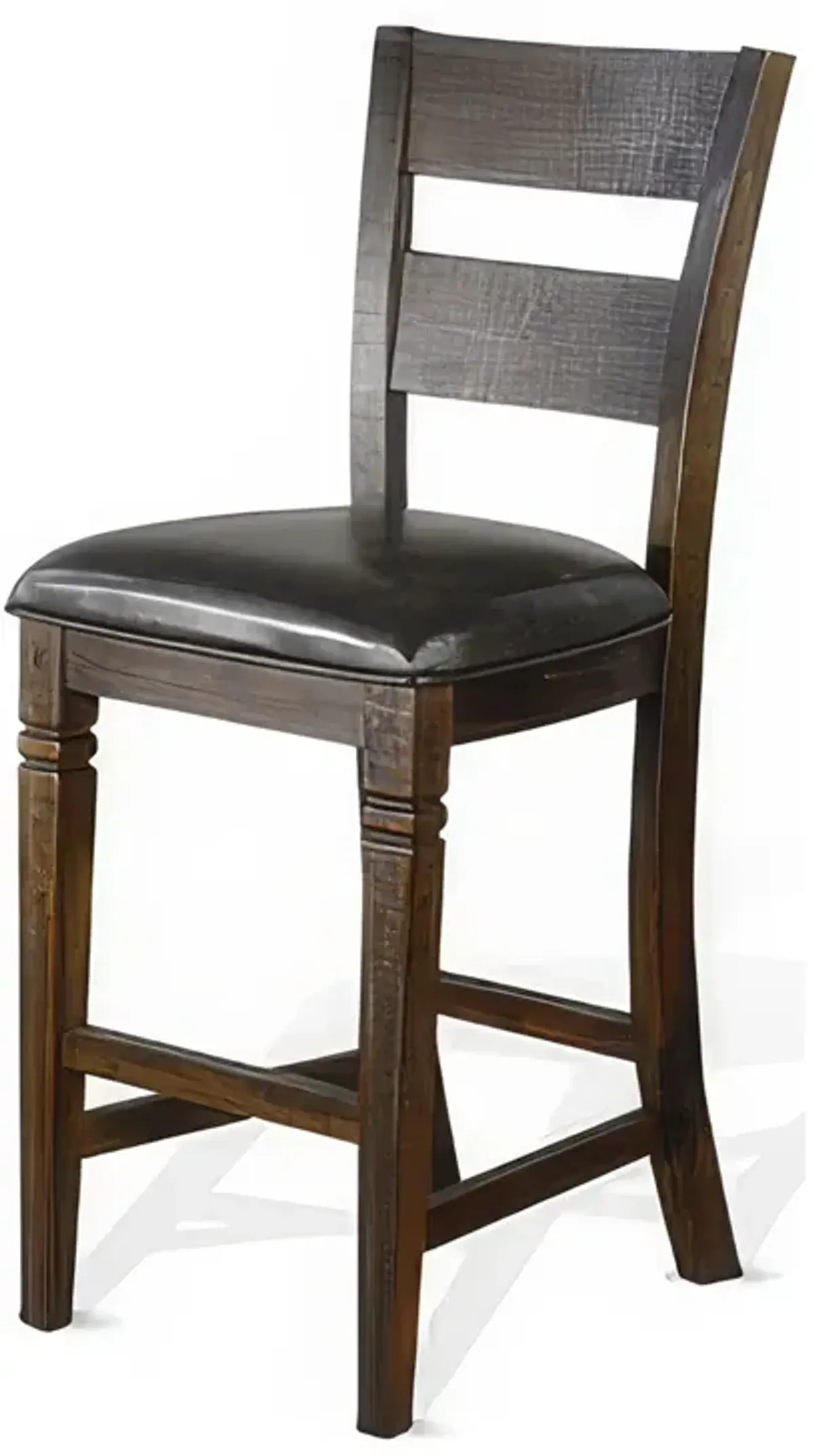 Flint Barstool Chair, Ladderback, Black Vinyl, Dark Brown Mahogany - Benzara