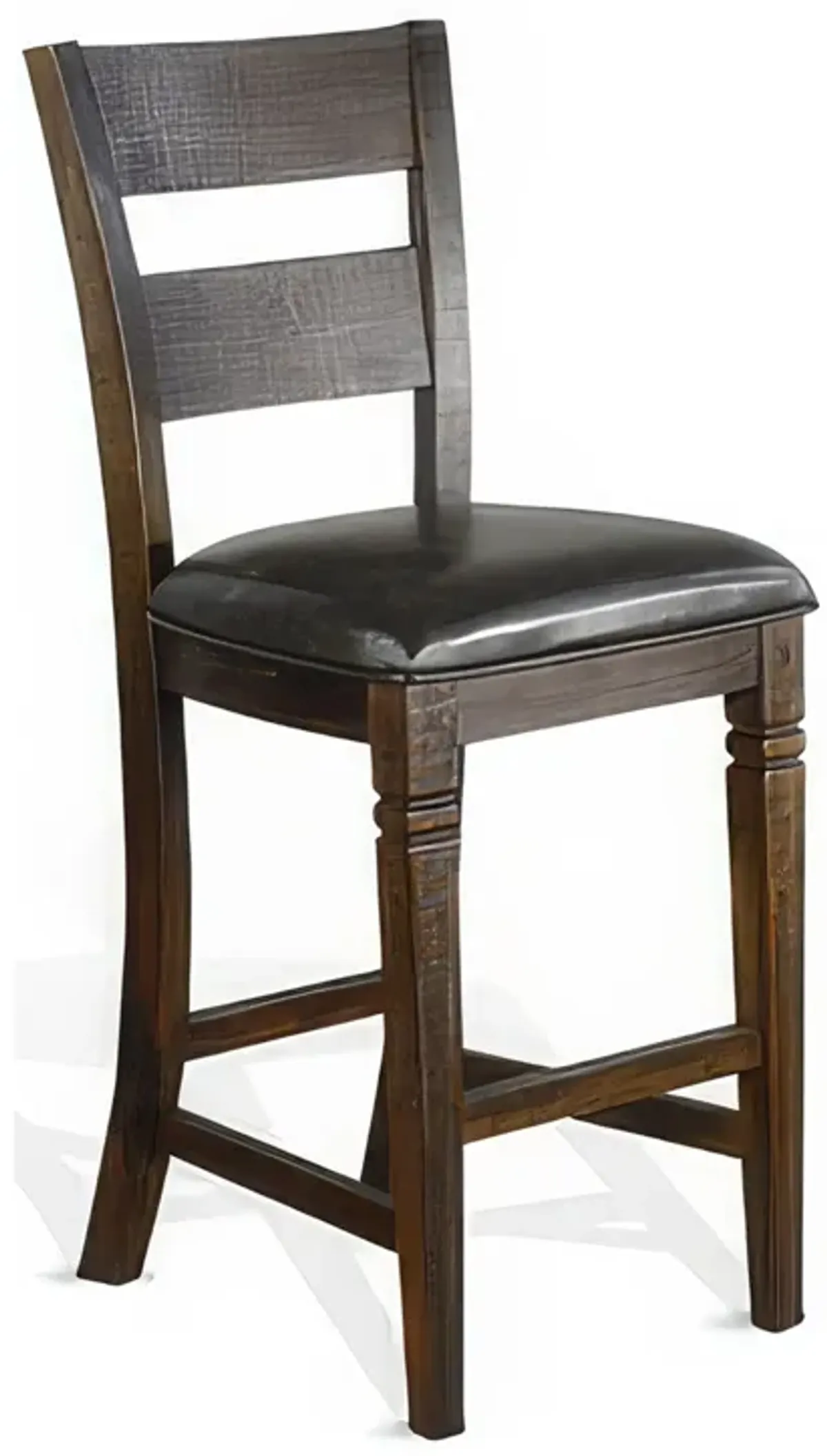 Flint Barstool Chair, Ladderback, Black Vinyl, Dark Brown Mahogany - Benzara