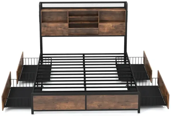 Space-Saving Frame with Bookcase Headboard and 4 Storage Drawers for Organized Bedrooms