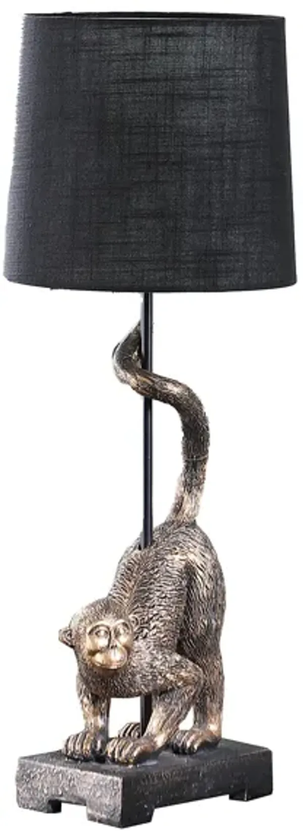 Ree 24 Inch Accent Table Lamp, Monkey Resin Sculpture, Drum Shade, Bronze - Benzara
