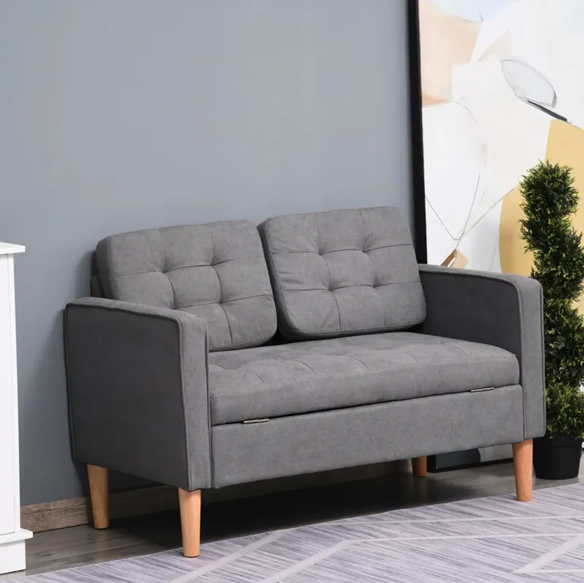 Grey Modern Couch: 2-Seater Fabric Loveseat with Button Tufting