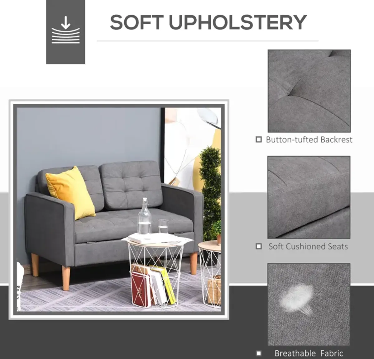 Grey Modern Couch: 2-Seater Fabric Loveseat with Button Tufting