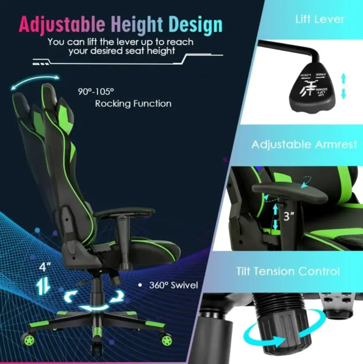 Hivvago Gaming Chair Adjustable Swivel Computer Chair with Dynamic LED Lights