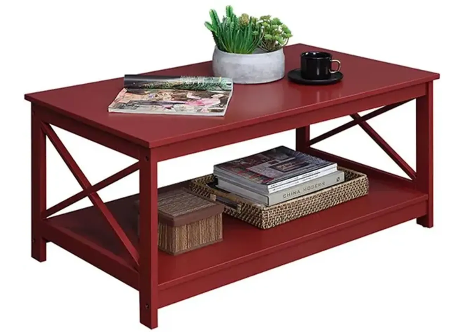 Convenience Concepts Oxford Coffee Table with Shelf, Cranberry Red