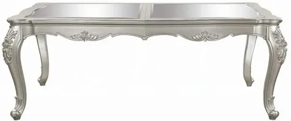 Bowe Dining Table, 80-96 Inch, Mirrored, Classic Champagne Silver Wood - Benzara