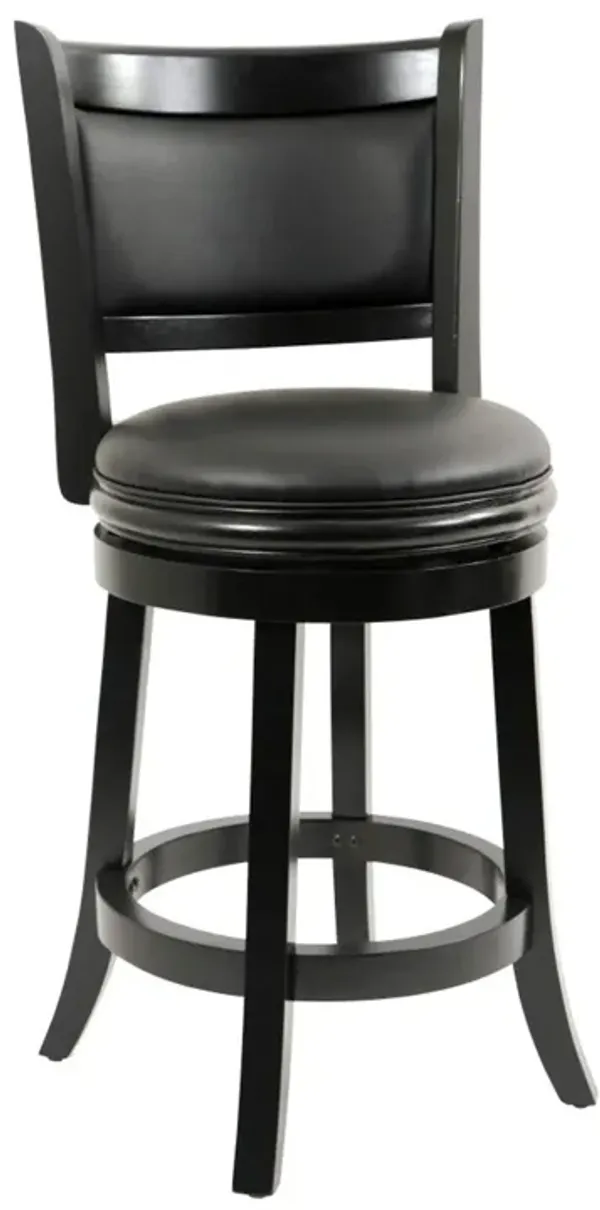 Round Wooden Swivel Counter Stool with Padded Seat and Back, Black - Benzara