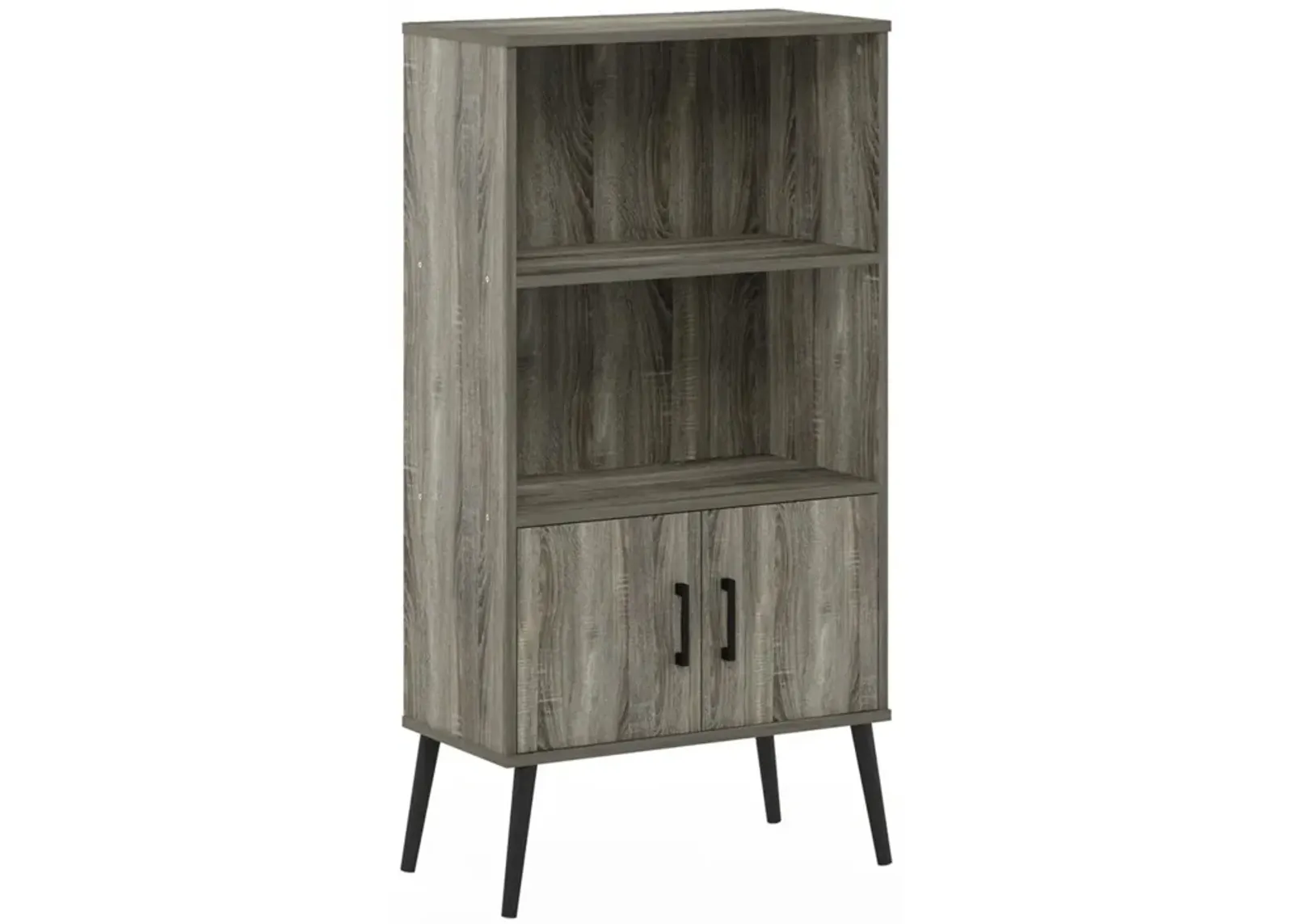 Furinno Claude Mid Century Style Accent Wooden Leg Bookcase Cabinet with Storage Organizer Shelves, French Oak Grey