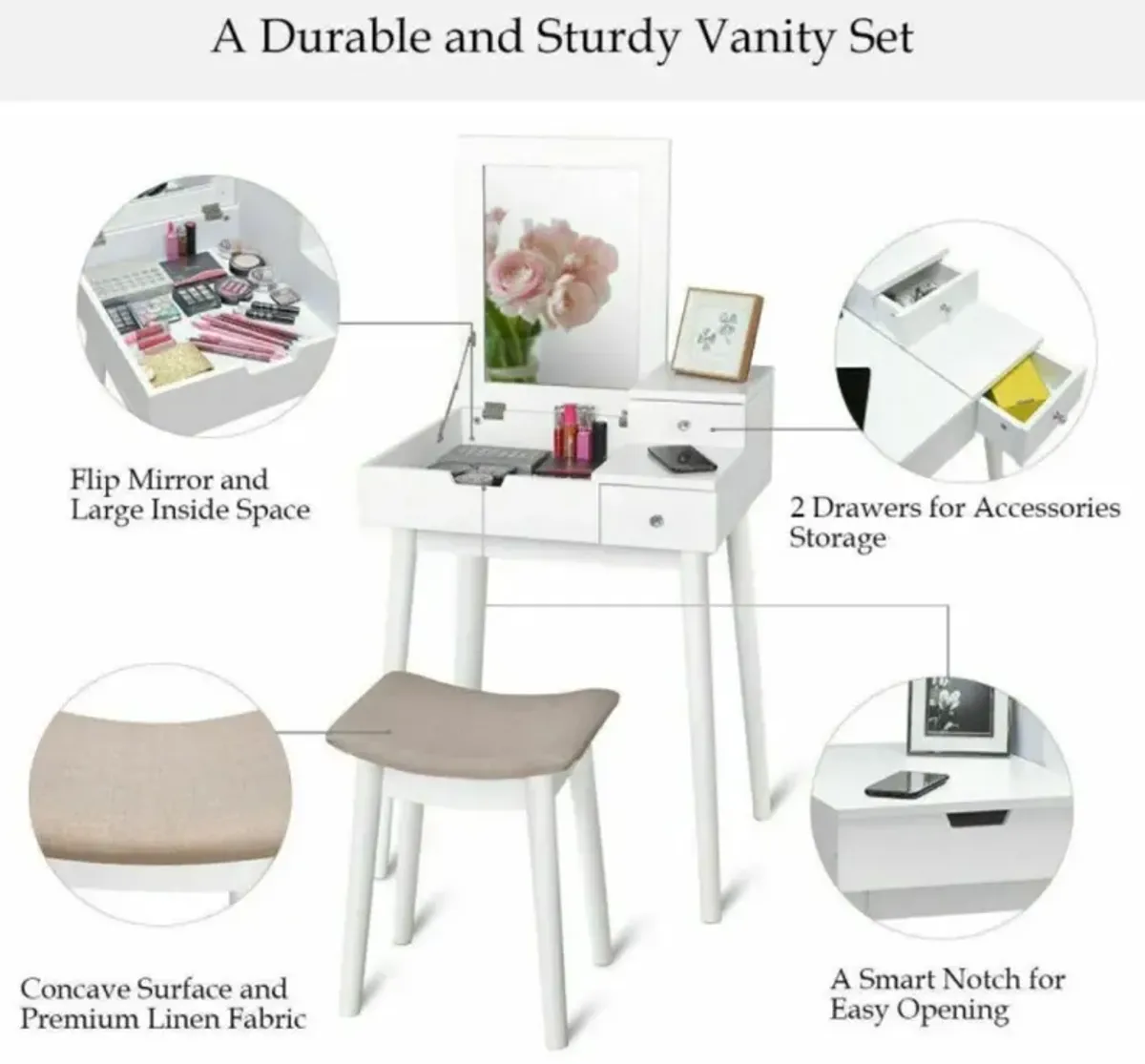 Hivvago Vanity Dressing Table Set Flip Mirror Desk Furniture Stool