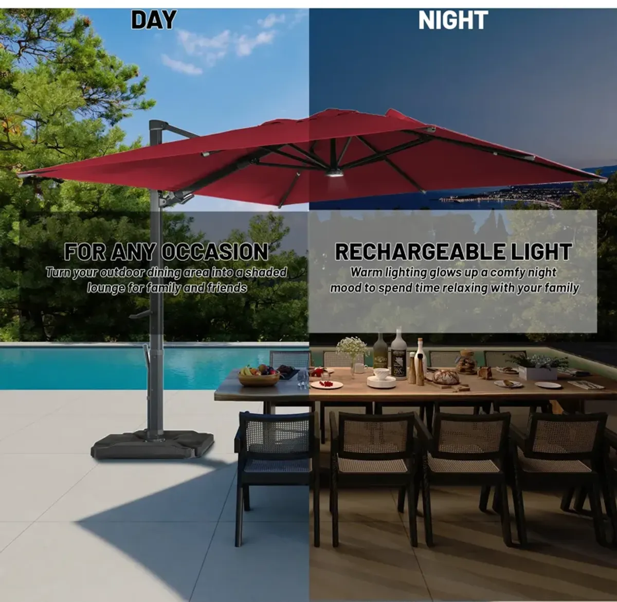 10 ft. 360° Rotation Square Cantilever Patio Umbrella with Base and LED Light in Red