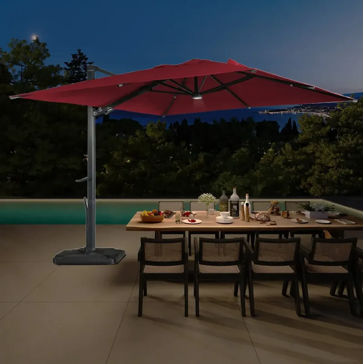 10 ft. 360° Rotation Square Cantilever Patio Umbrella with Base and LED Light in Red