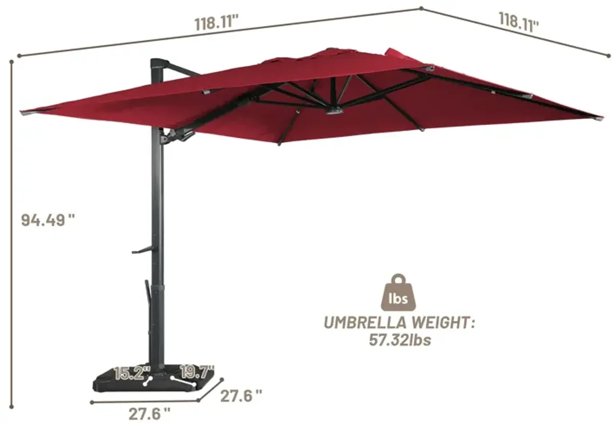 10 ft. 360° Rotation Square Cantilever Patio Umbrella with Base and LED Light in Red