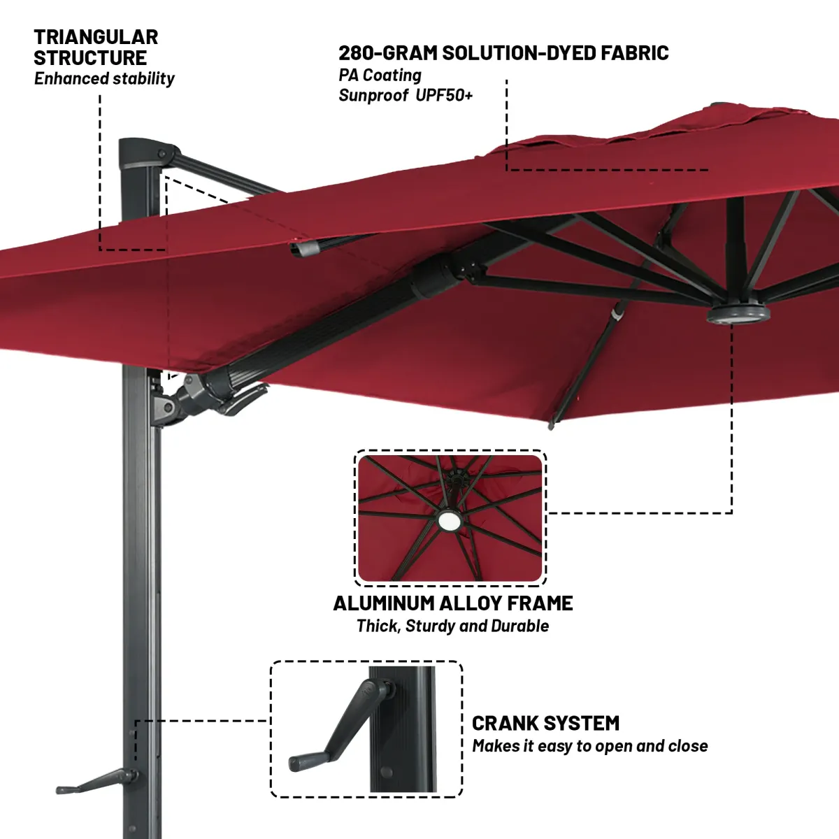 10 ft. 360° Rotation Square Cantilever Patio Umbrella with Base and LED Light in Red