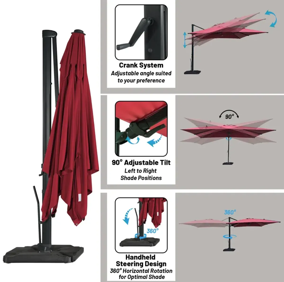 10 ft. 360° Rotation Square Cantilever Patio Umbrella with Base and LED Light in Red