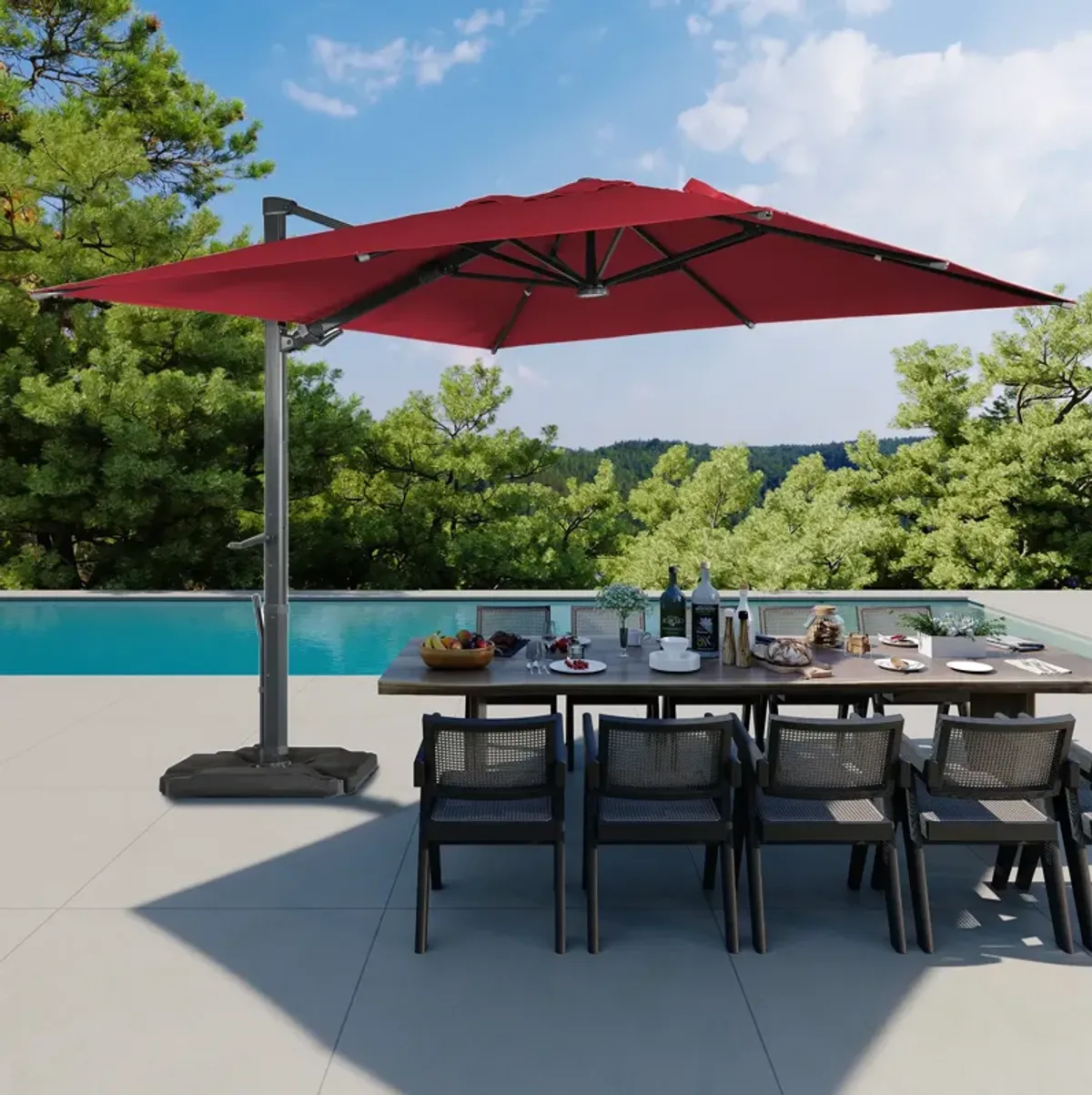 10 ft. 360° Rotation Square Cantilever Patio Umbrella with Base and LED Light in Red