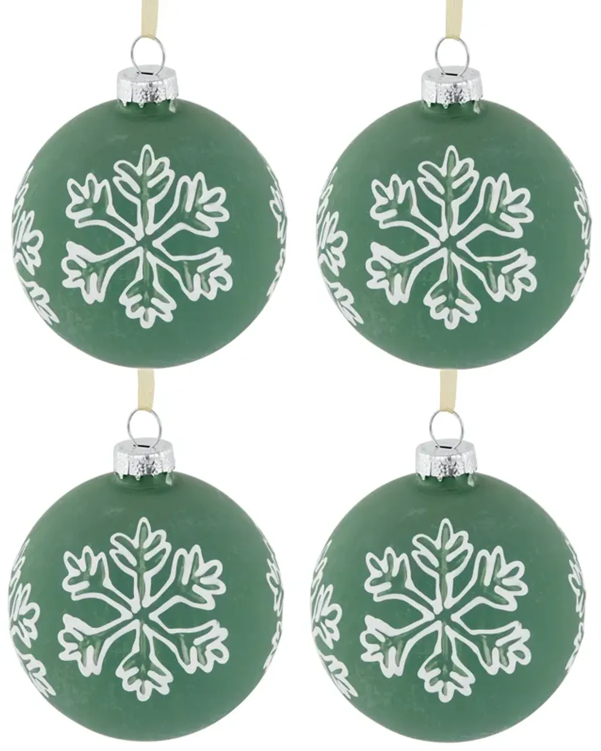 4ct Green Glass Christmas Ball Ornaments with White Snowflakes 3" (80mm)