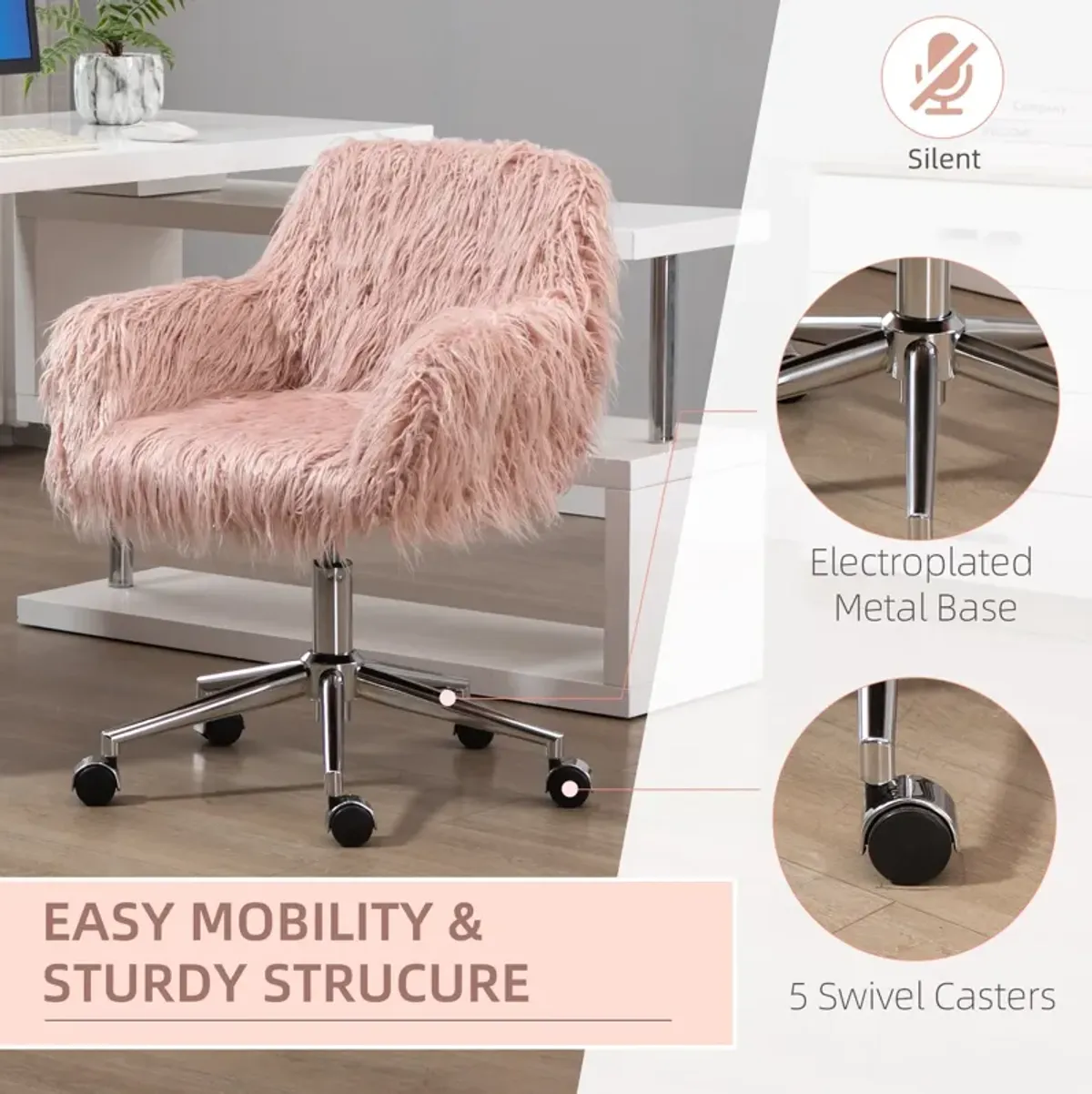 Pink Office Comfort: Faux Fur Swivel Vanity Chair with Wheels