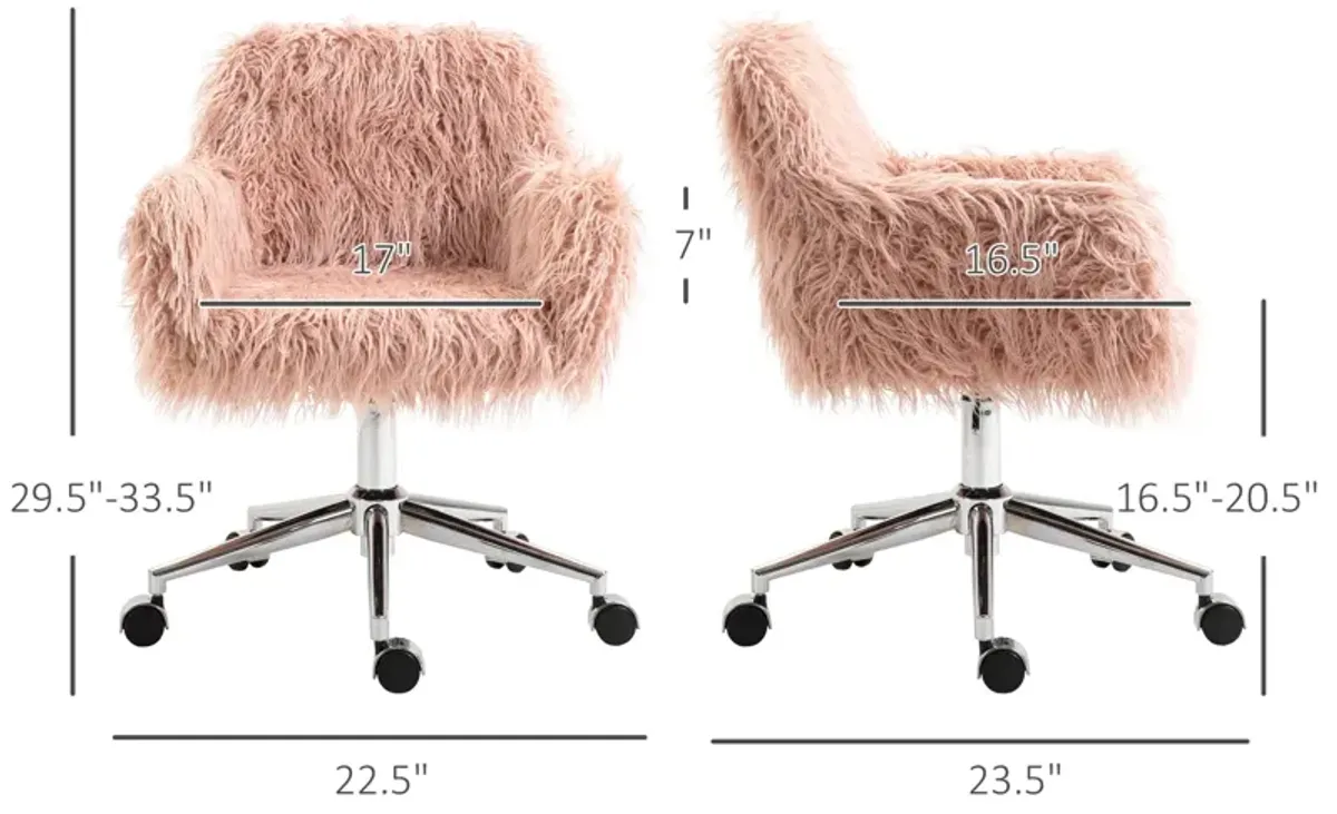 Pink Office Comfort: Faux Fur Swivel Vanity Chair with Wheels