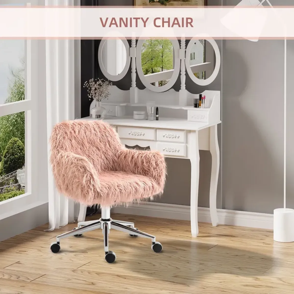 Pink Office Comfort: Faux Fur Swivel Vanity Chair with Wheels