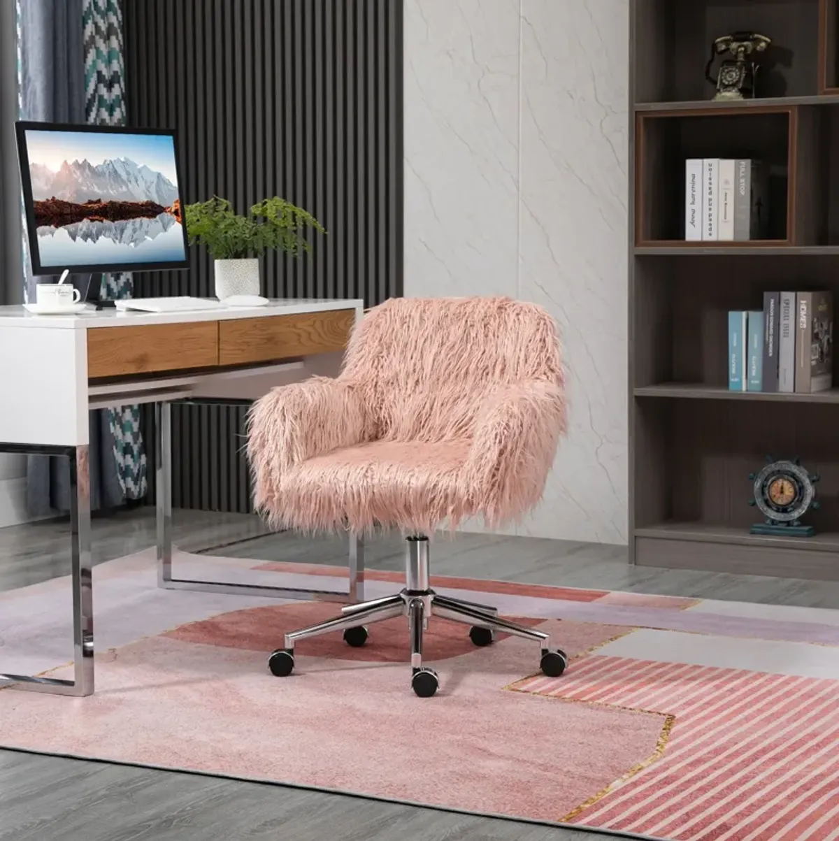 Pink Office Comfort: Faux Fur Swivel Vanity Chair with Wheels