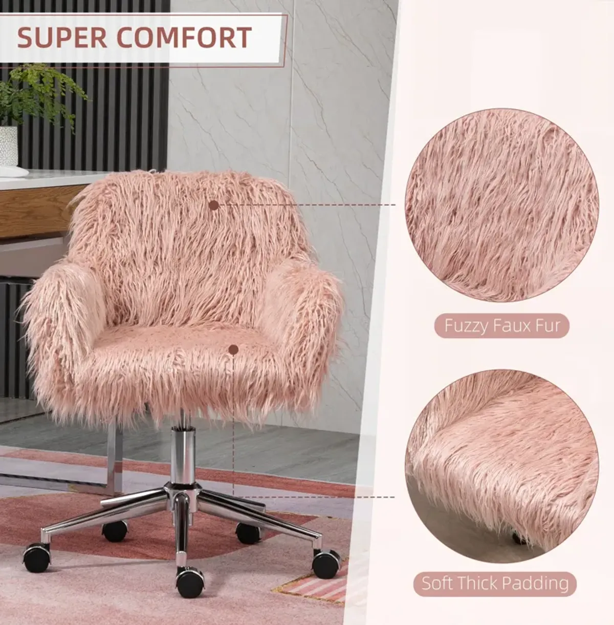 Pink Office Comfort: Faux Fur Swivel Vanity Chair with Wheels