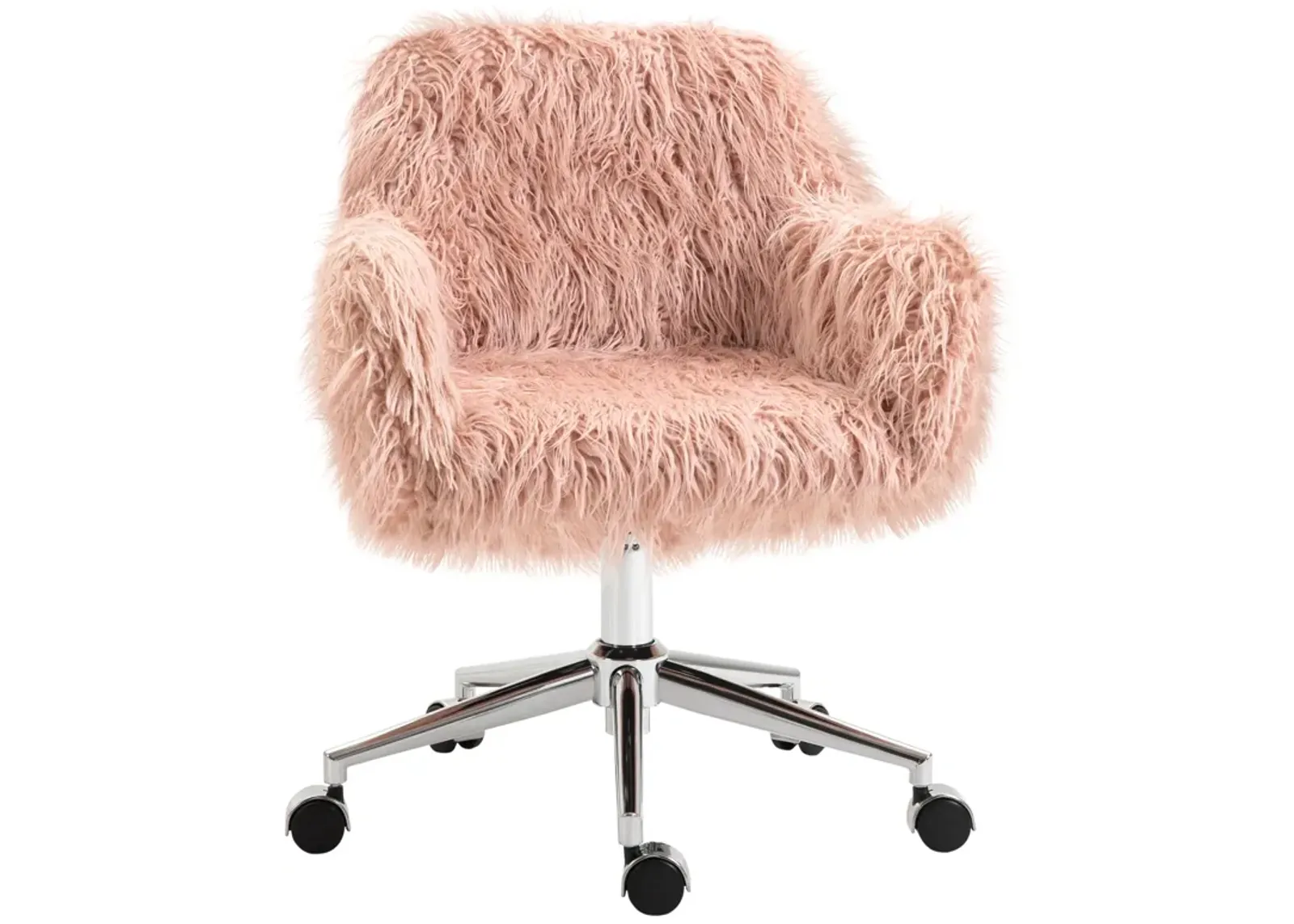 Pink Office Comfort: Faux Fur Swivel Vanity Chair with Wheels