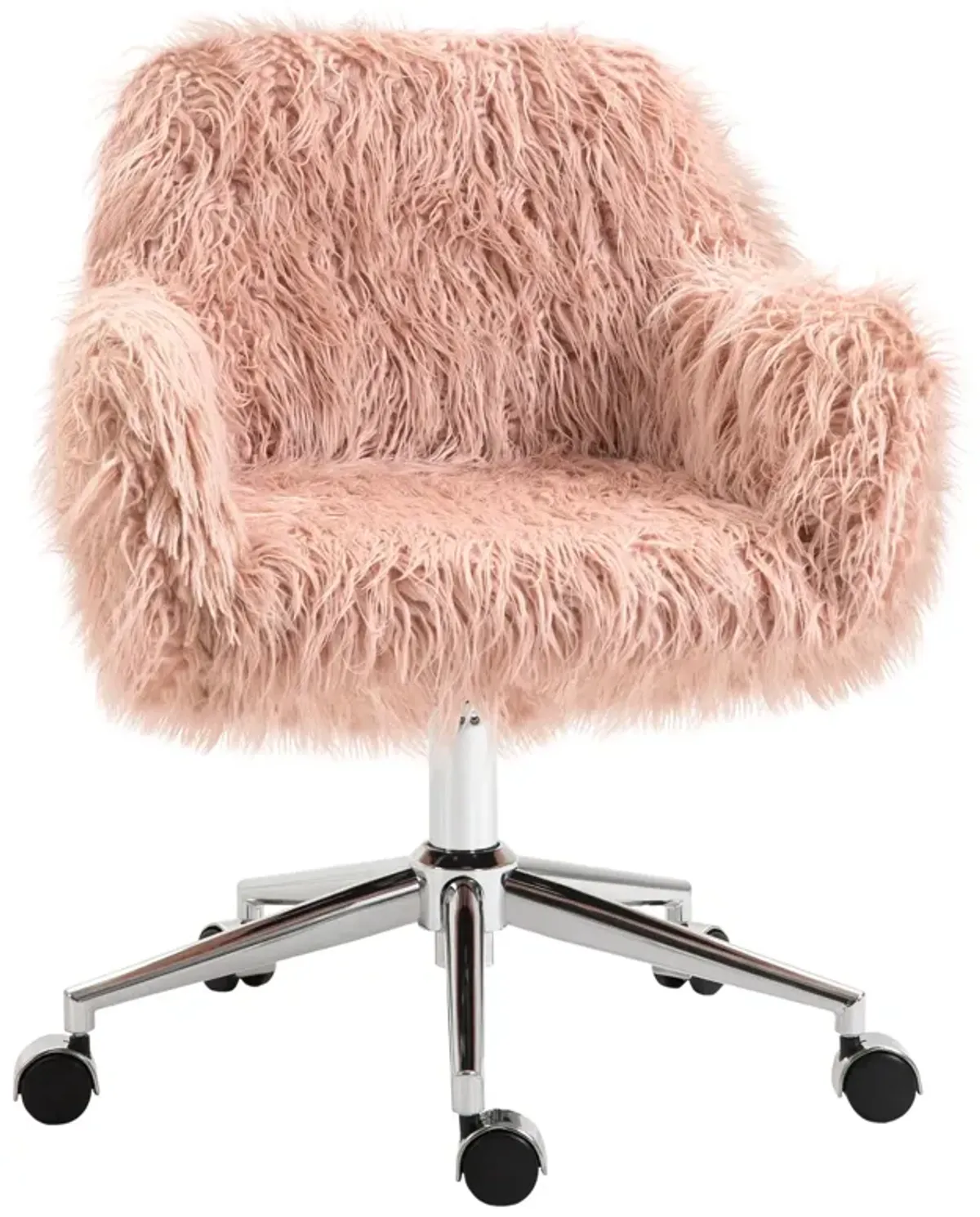 Pink Office Comfort: Faux Fur Swivel Vanity Chair with Wheels