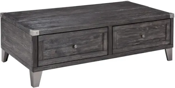 Wooden Lift Top Cocktail Table with 2 Drawers and Metal Accents, Gray-Benzara