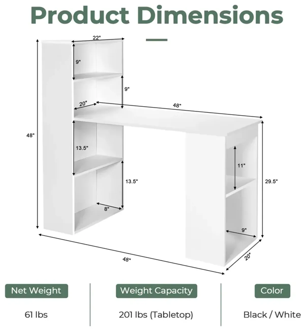 48 Inch Computer Desk with 4-Tier Bookcase and CPU Stand