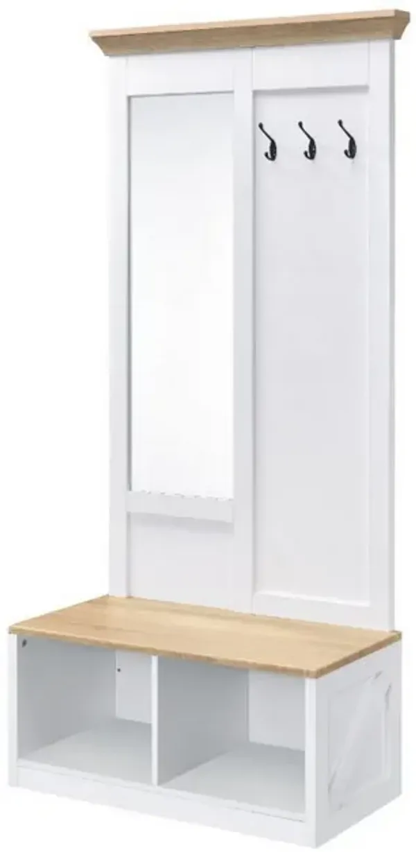 Hall Tree With Body Length Mirror and Bench Seat, White and Brown-Benzara