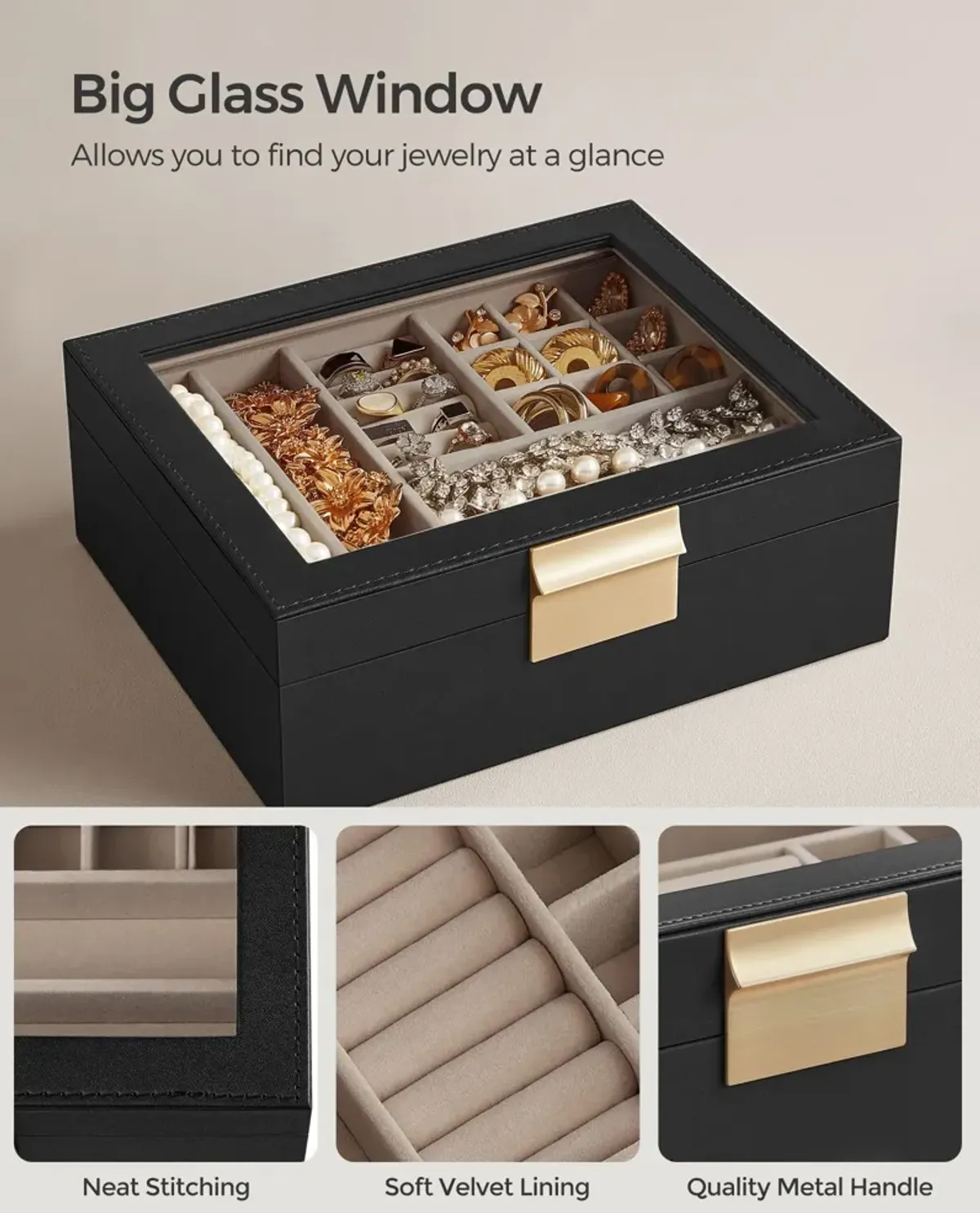 2-Layer Jewelry Box with Glass Lid Graphite