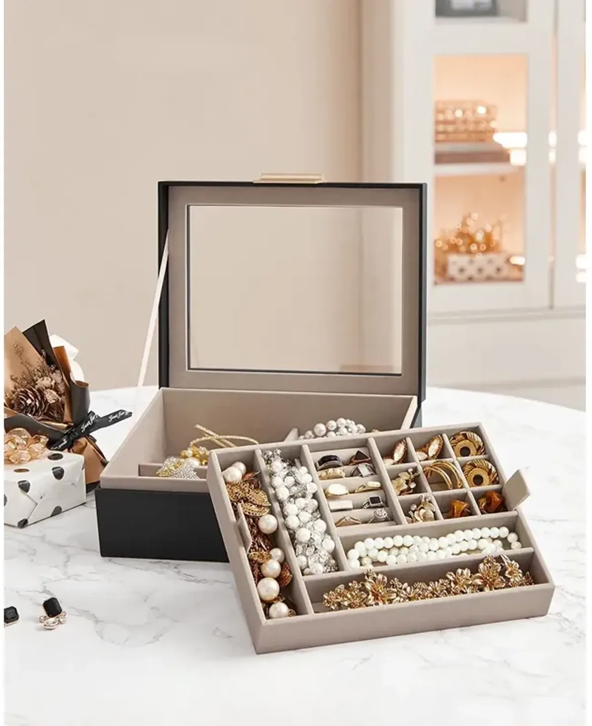 2-Layer Jewelry Box with Glass Lid Graphite