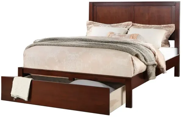 Kali Platform California King Panel Bed, Storage Drawer, Cherry Brown Wood - Benzara