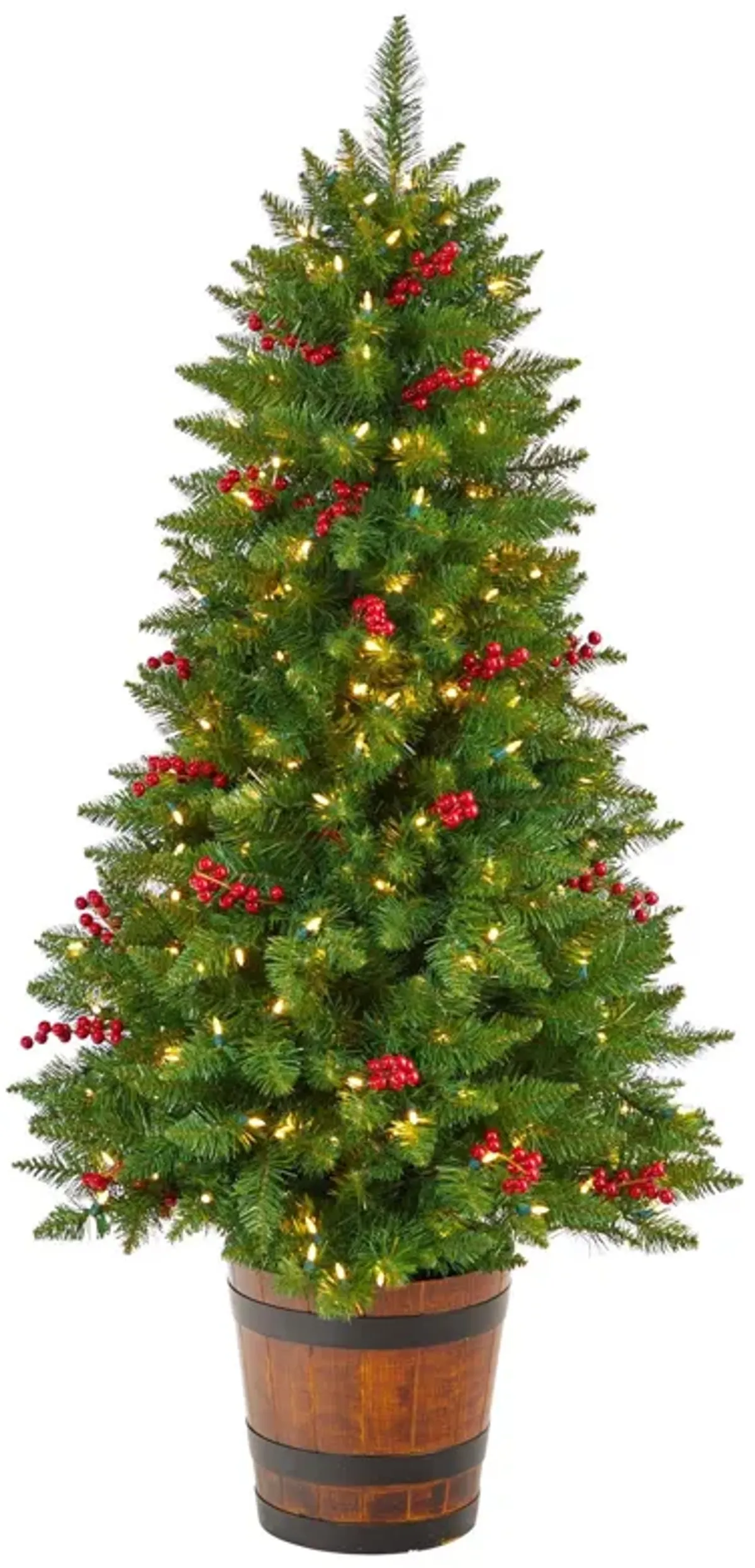 Nearly Natural 5-ft Colorado Aspen Pre-Lit Artificial Porch Christmas Tree with 200 LED lights, 426 Bendable Branches and Berries in Decorative Planter