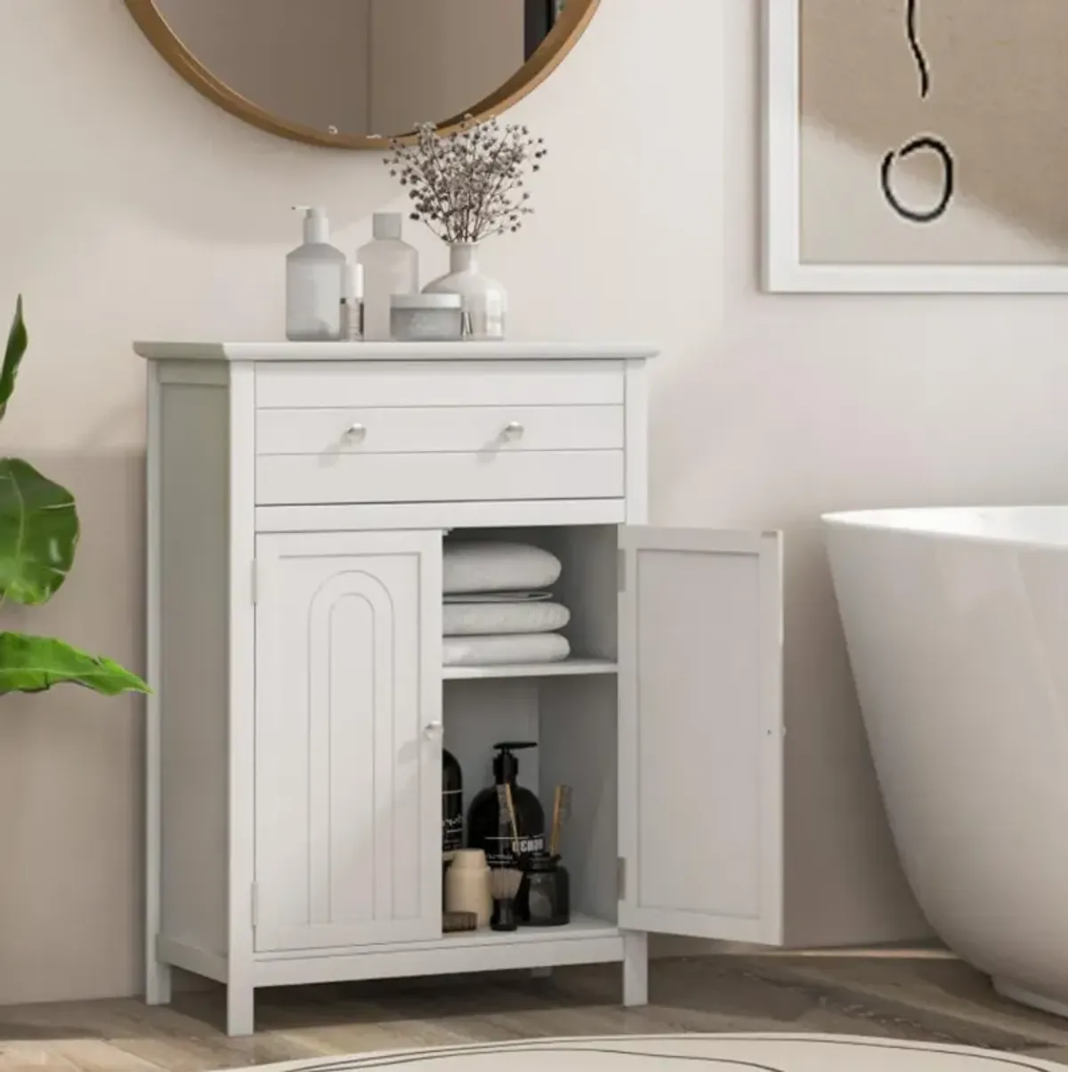 Hivvago Wooden Bathroom Floor Cabinet with Drawer and Adjustable Shelf