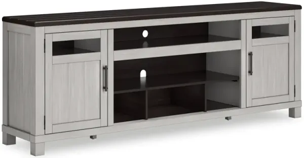 Darn TV Media Console, Open Space, Gray, Brown Acacia Wood, 88 Inch - Benzara