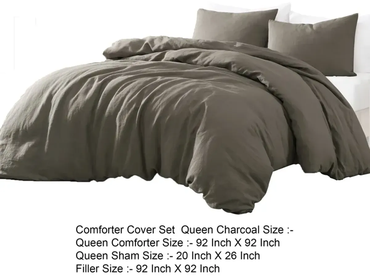 Edge 4 Piece Queen Size Duvet Comforter Set, Washed Linen, Charcoal Gray - Benzara