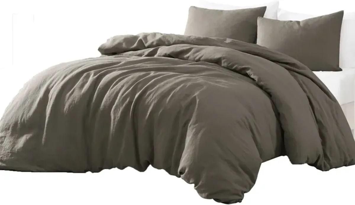 Edge 4 Piece Queen Size Duvet Comforter Set, Washed Linen, Charcoal Gray - Benzara