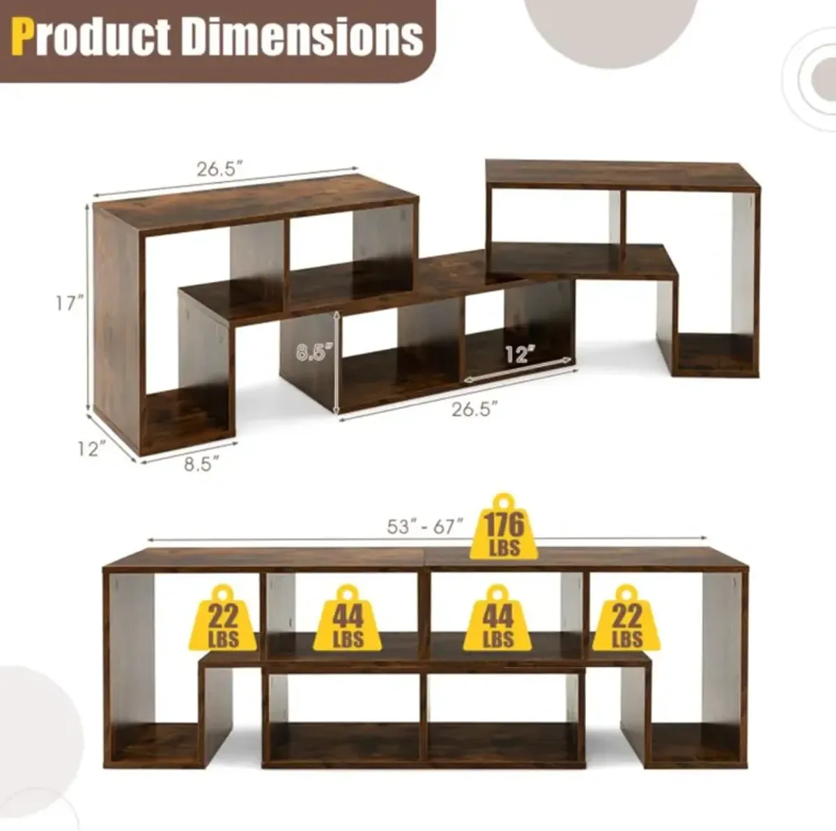 Hivvago 3 Pieces Console TV Stand for TVs up to 65 Inch with Shelves