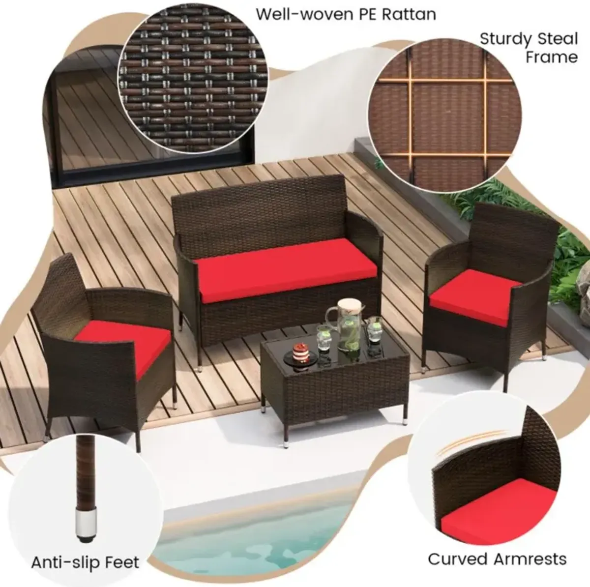 Hivvago 4 Pieces Comfortable Mix Brown Outdoor Rattan Sofa Set with Glass Coffee Table