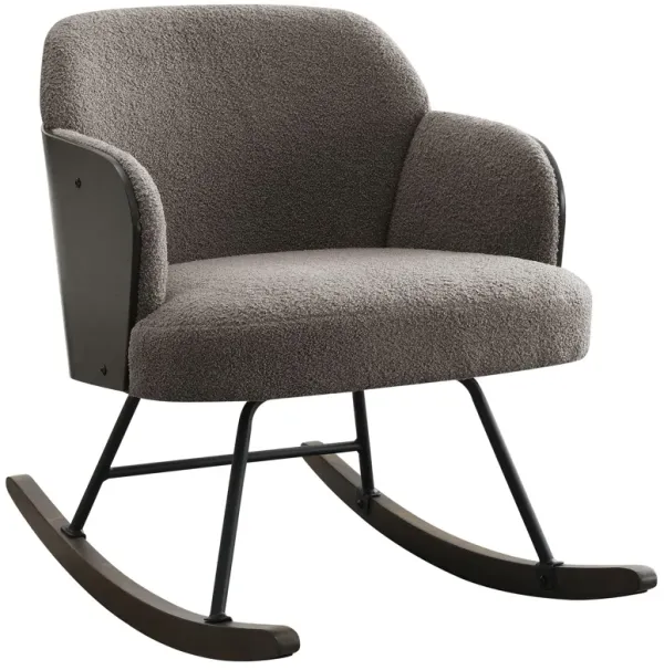 Perry Accent Rocking Chair, Modern Walnut Brown Bentwood, Gray Boucle - Benzara