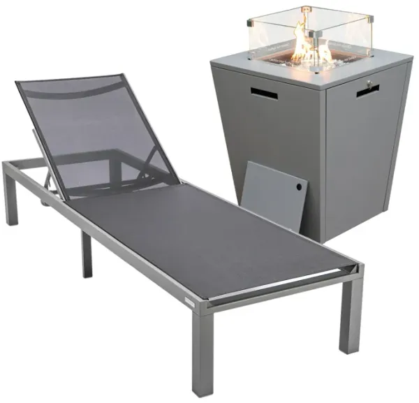 LeisureMod Marlin Modern Black Aluminum Outdoor Patio Chaise Lounge Chair in Grey Frame with Square Fire Pit Side Table