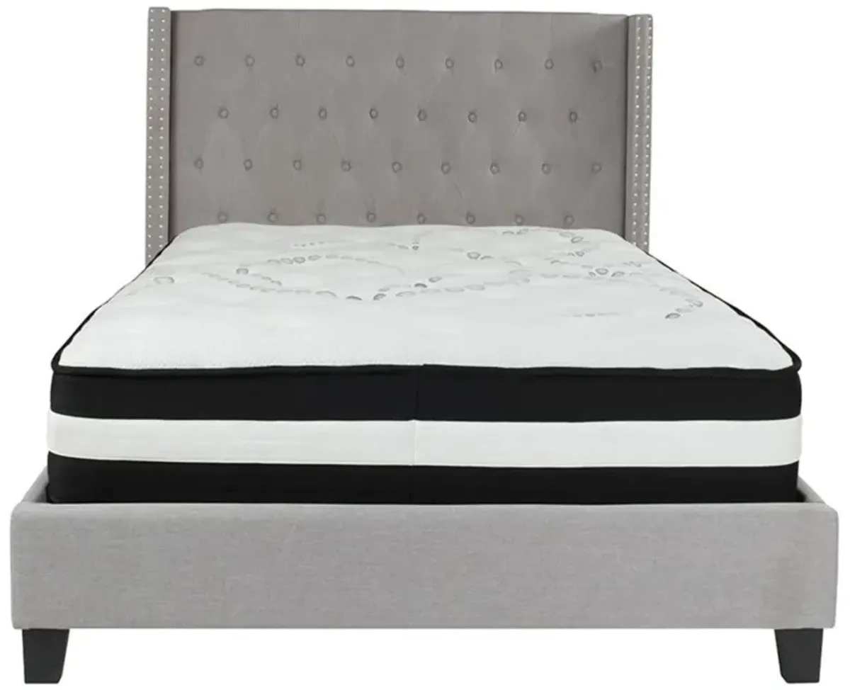 Riverdale Full Size Tufted Upholstered Platform Bed in Light Gray Fabric with Pocket Spring Mattress