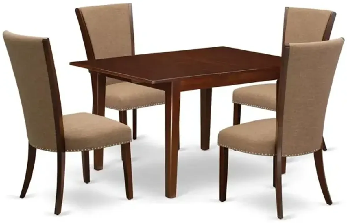 East-West Furniture MLVE5-MAH-47 - A dinette set of 4 fantastic parson dining chairs with Linen Fabric Light Sable color and a gorgeous dinner table with Mahogany Finish
