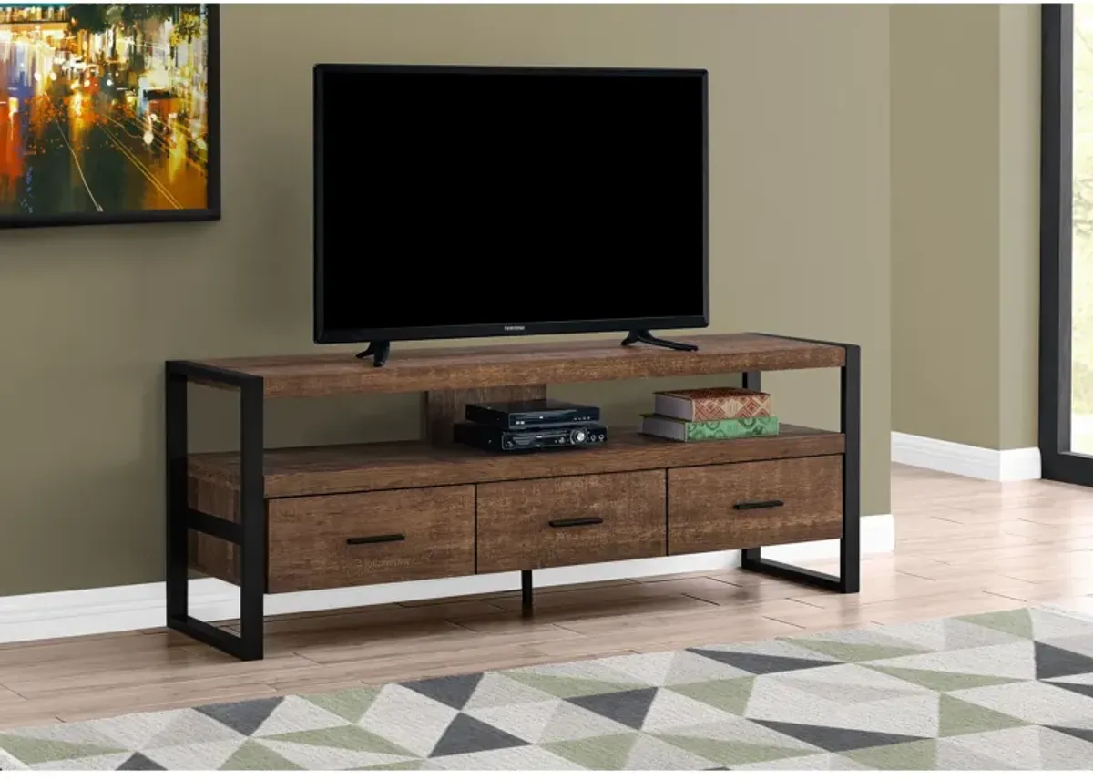 Monarch Specialties I 2820 Tv Stand, 60 Inch, Console, Media Entertainment Center, Storage Drawers, Living Room, Bedroom, Metal, Laminate, Brown, Black, Contemporary, Modern