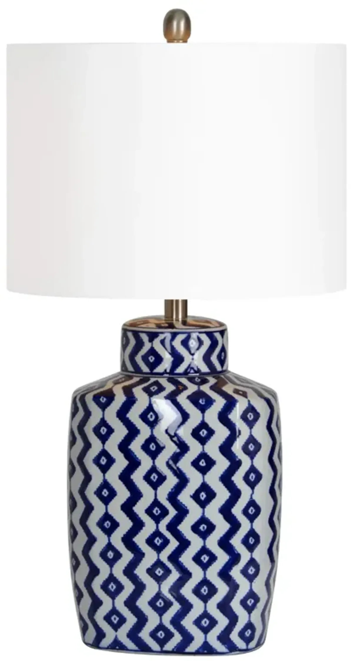 27" White and Blue Geometric Table Lamp with White Drum Shade