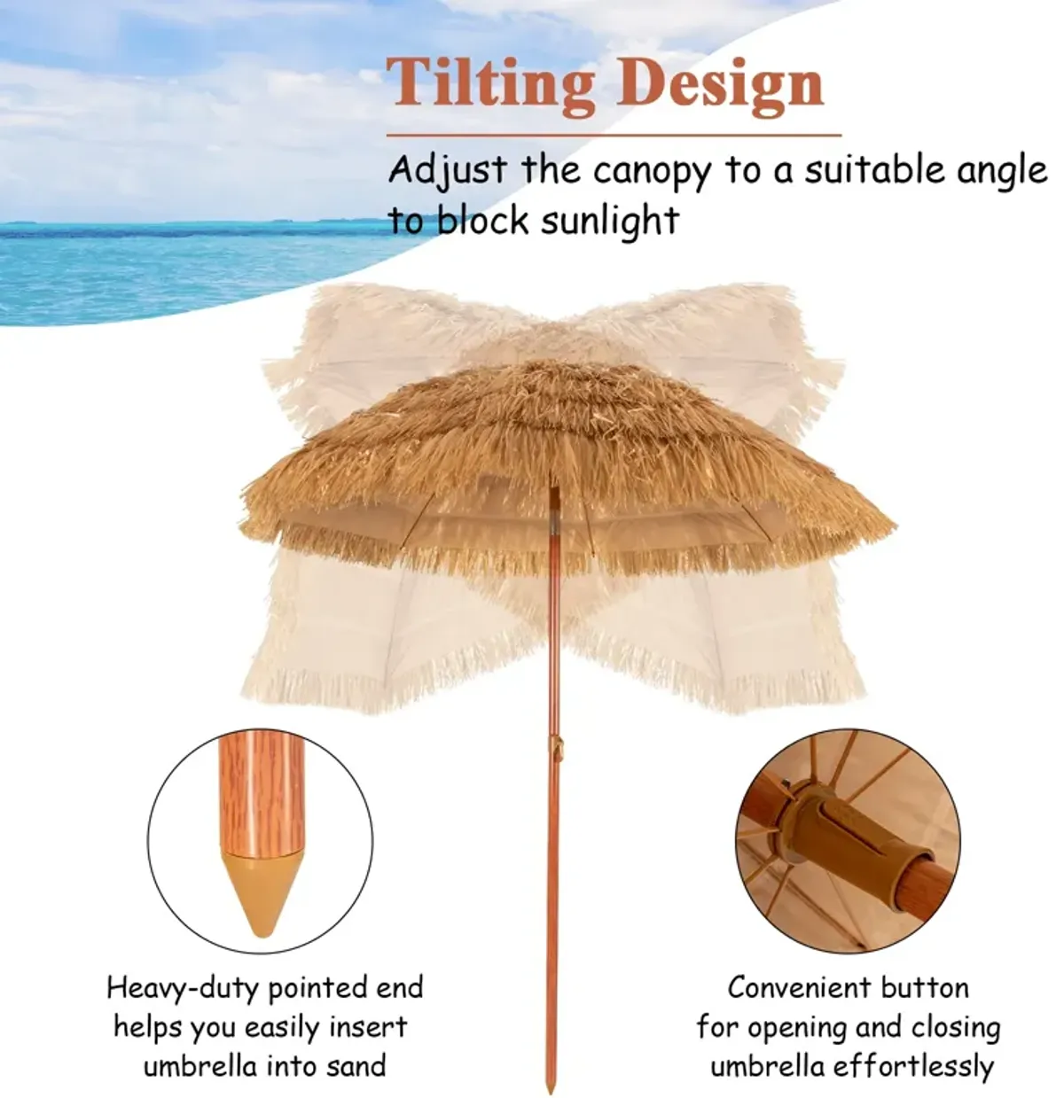 6.5 Feet Portable Thatched Tiki Beach Umbrella with Adjustable Tilt