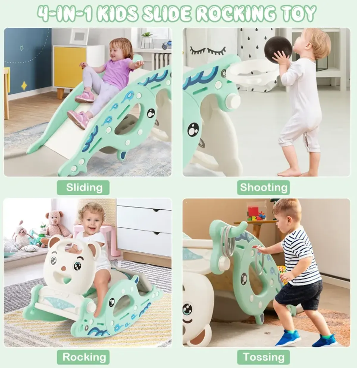 4-in-1 Kids Slide Rocking Horse with Basketball and Ring Toss